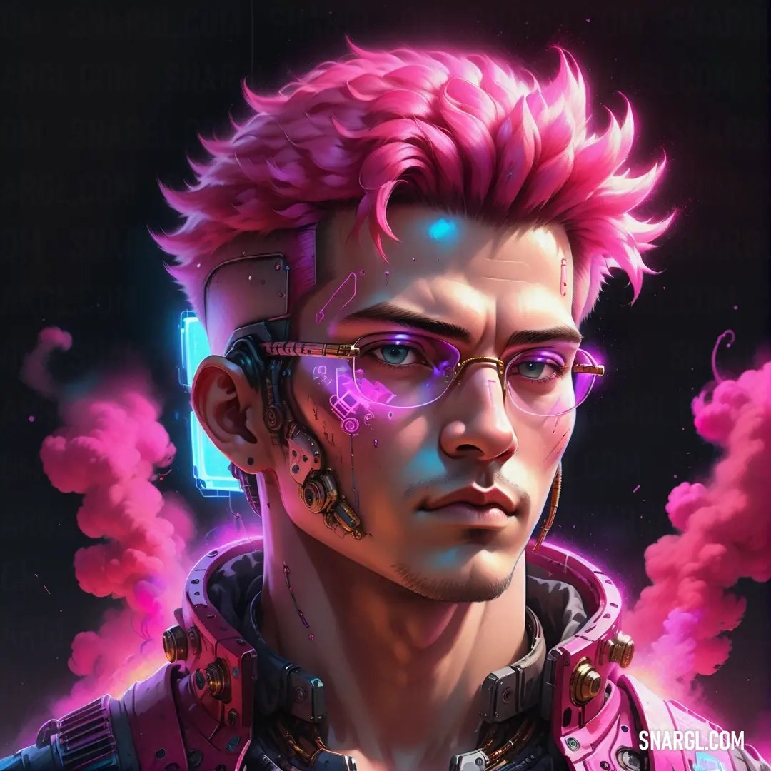 Man with pink hair and glasses in a futuristic setting with pink smoke coming out of his ears. Example of CMYK 0,65,24,0 color.