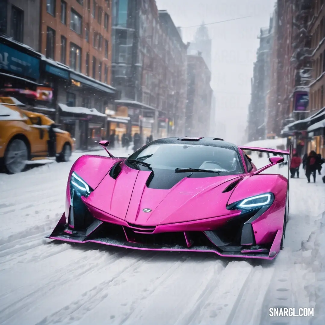 Pink sports car driving down a snow covered street in a city with people walking by it and a yellow taxi. Example of #FE59C2 color.