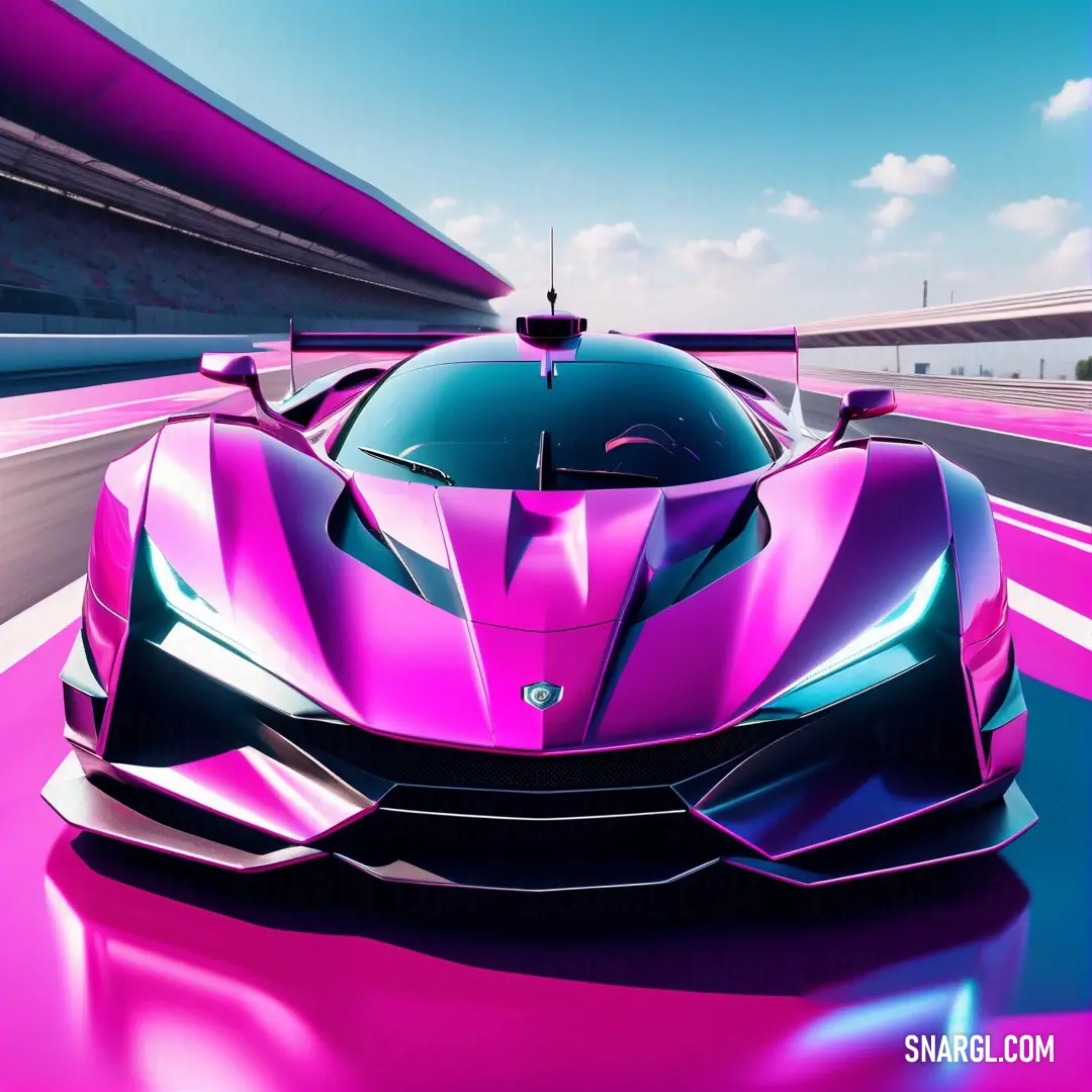 Pink sports car driving on a track with a sky background. Color RGB 254,89,194.