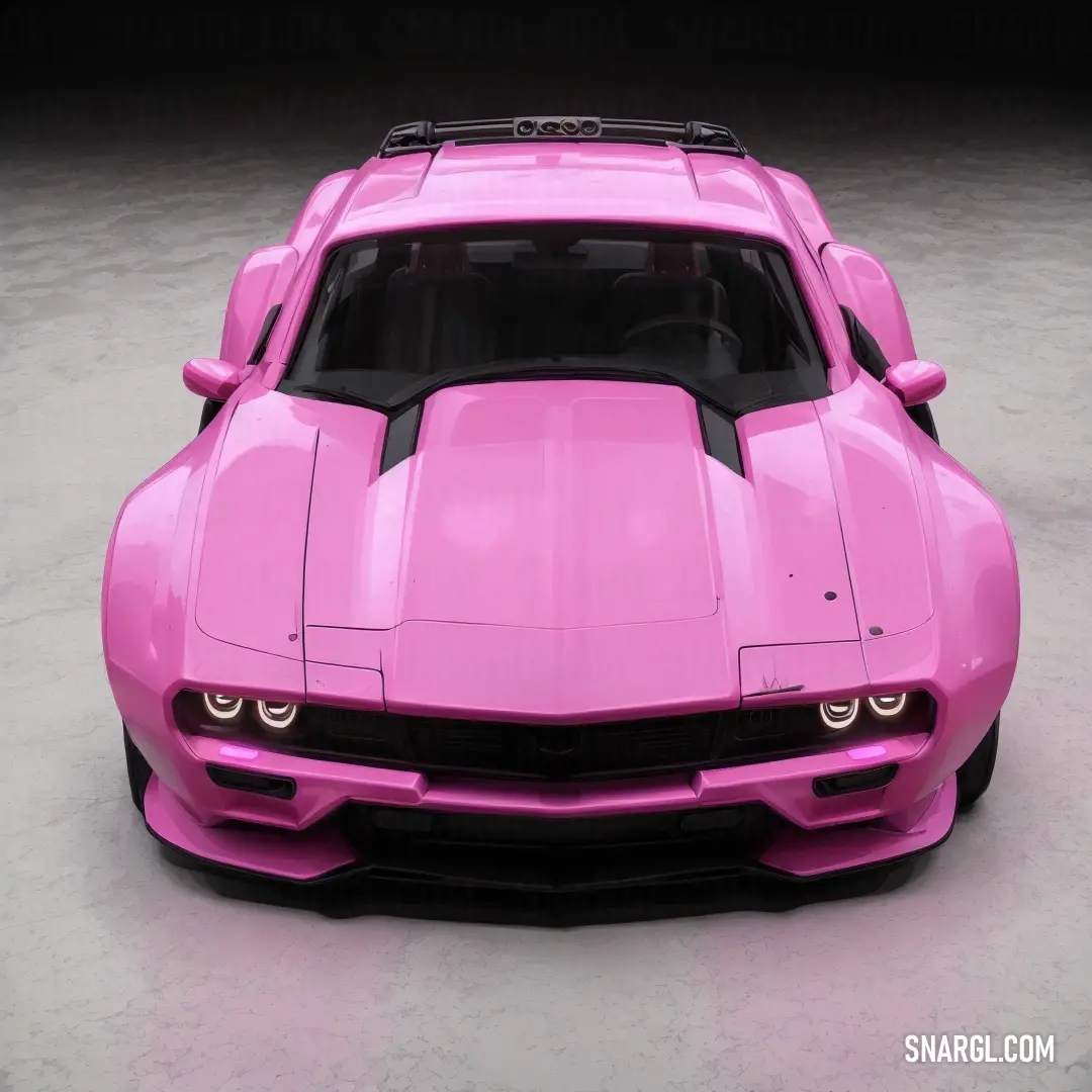 Pink sports car is shown in a studio photo with a black background. Color RGB 254,89,194.