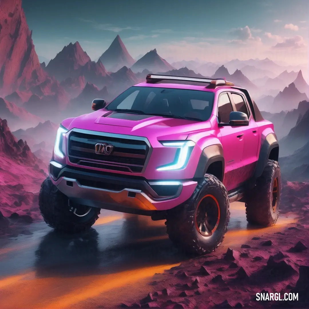 Pink truck driving on a road with mountains in the background. Example of Neon fuchsia color.