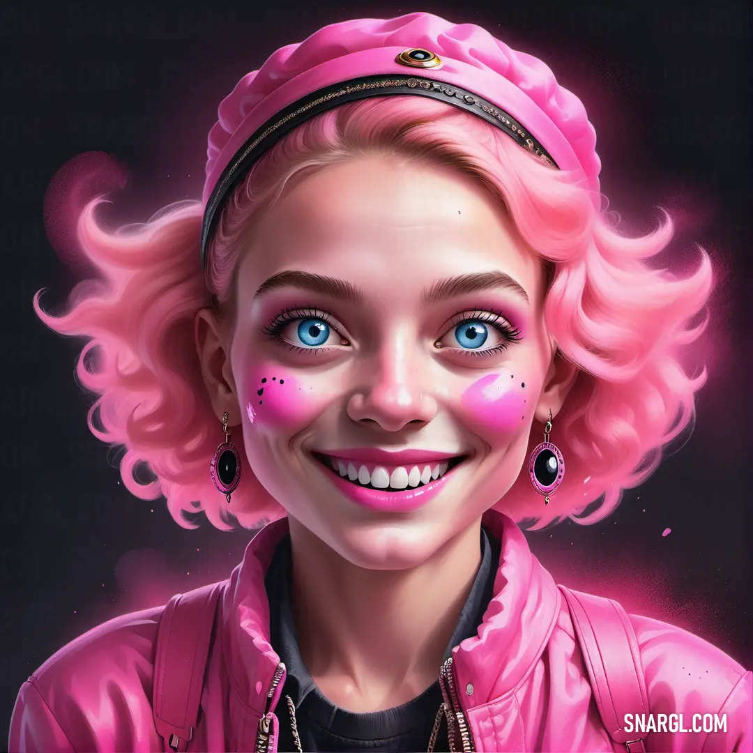 Neon fuchsia color. Painting of a woman with pink hair and blue eyes and a pink wig and piercings on her face