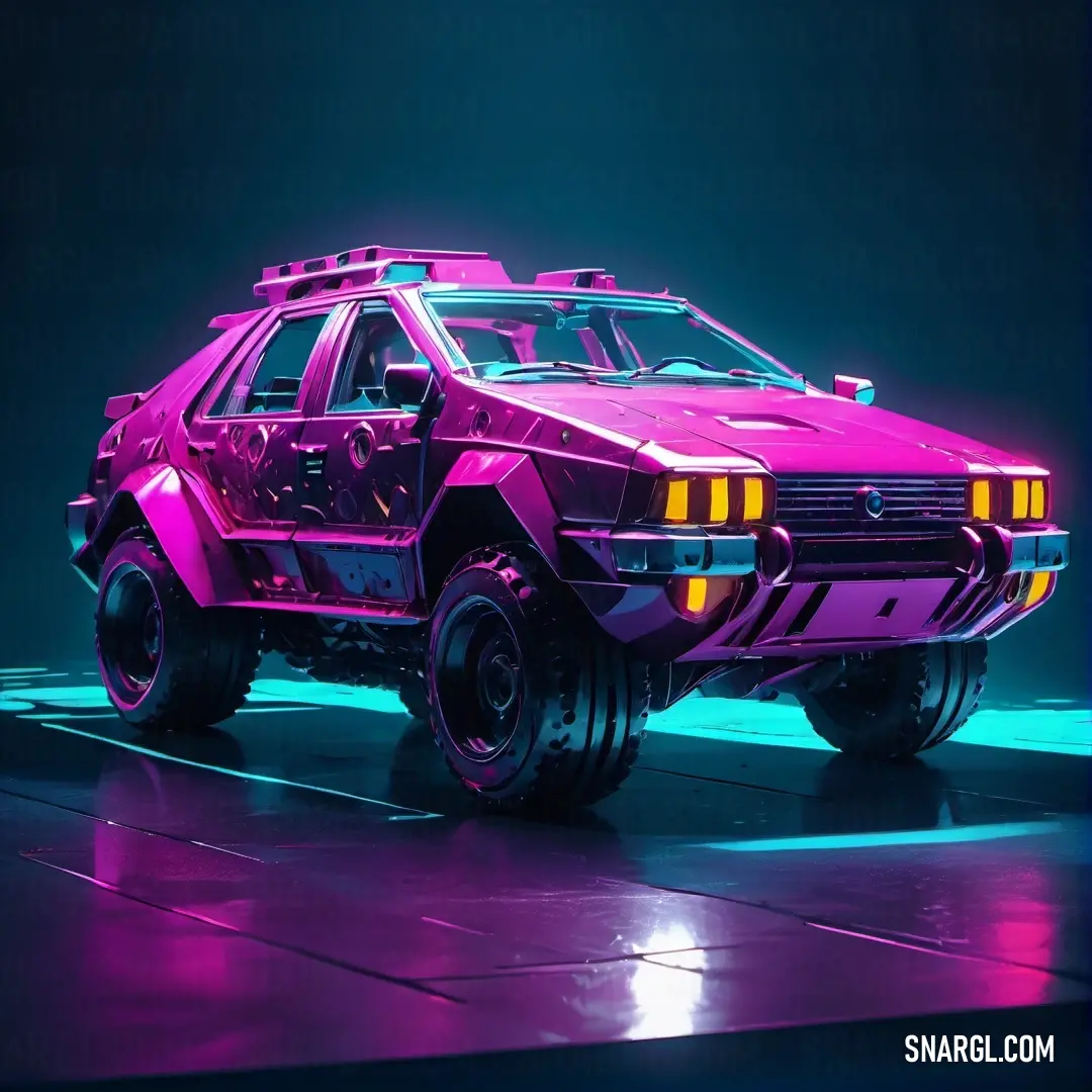 Neon fuchsia color. Pink car with a purple light on it's roof and wheels on a dark surface