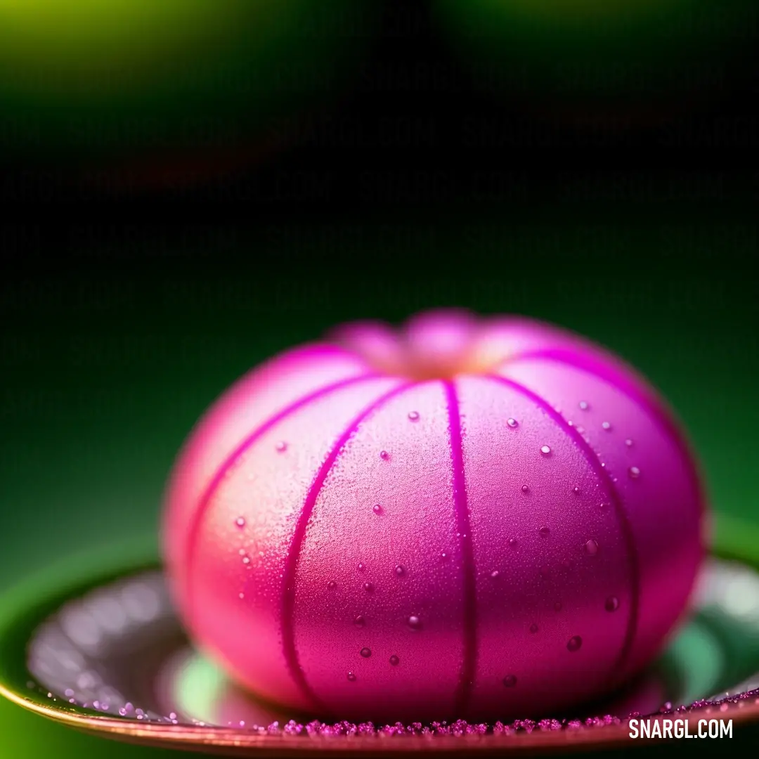 Pink object on top of a green plate on a table top with other green apples in the background