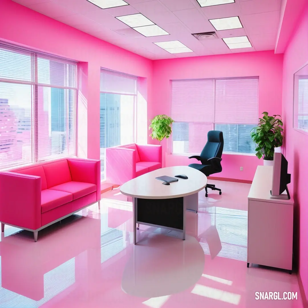 Pink office with a pink couch and a pink chair and a white table and a black chair. Color CMYK 0,65,24,0.