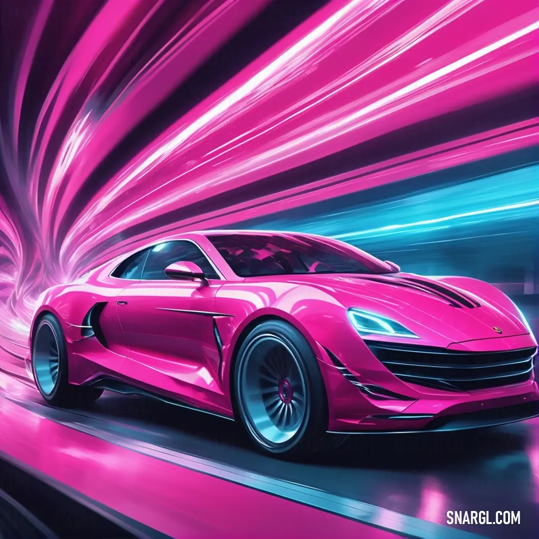 Pink sports car driving down a street with a pink background. Example of RGB 254,89,194 color.