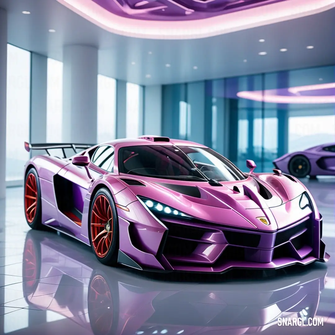 Pink sports car is parked in a large room with other cars in the background. Color RGB 254,89,194.