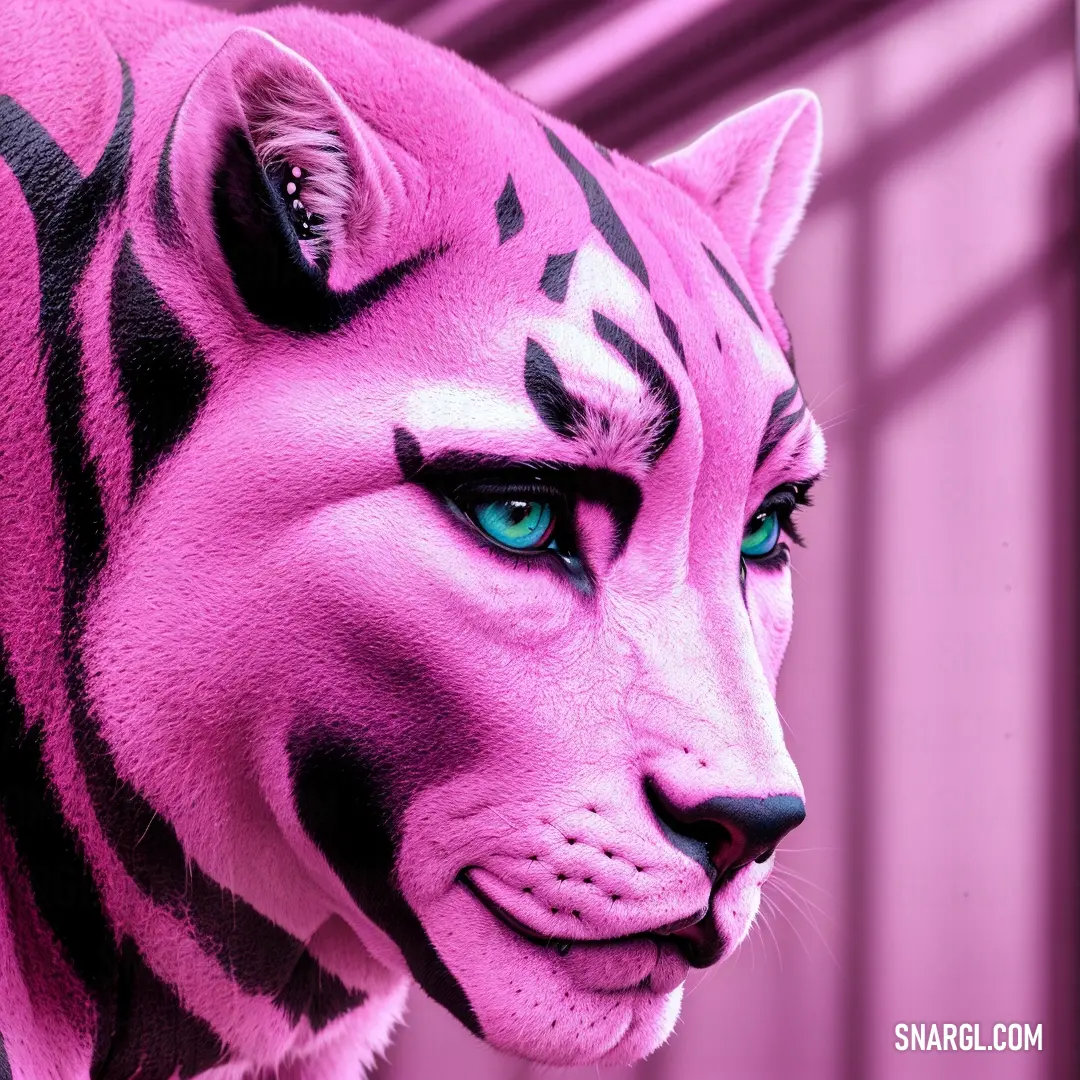 Pink tiger statue with blue eyes and a black and white stripe on it's face and chest