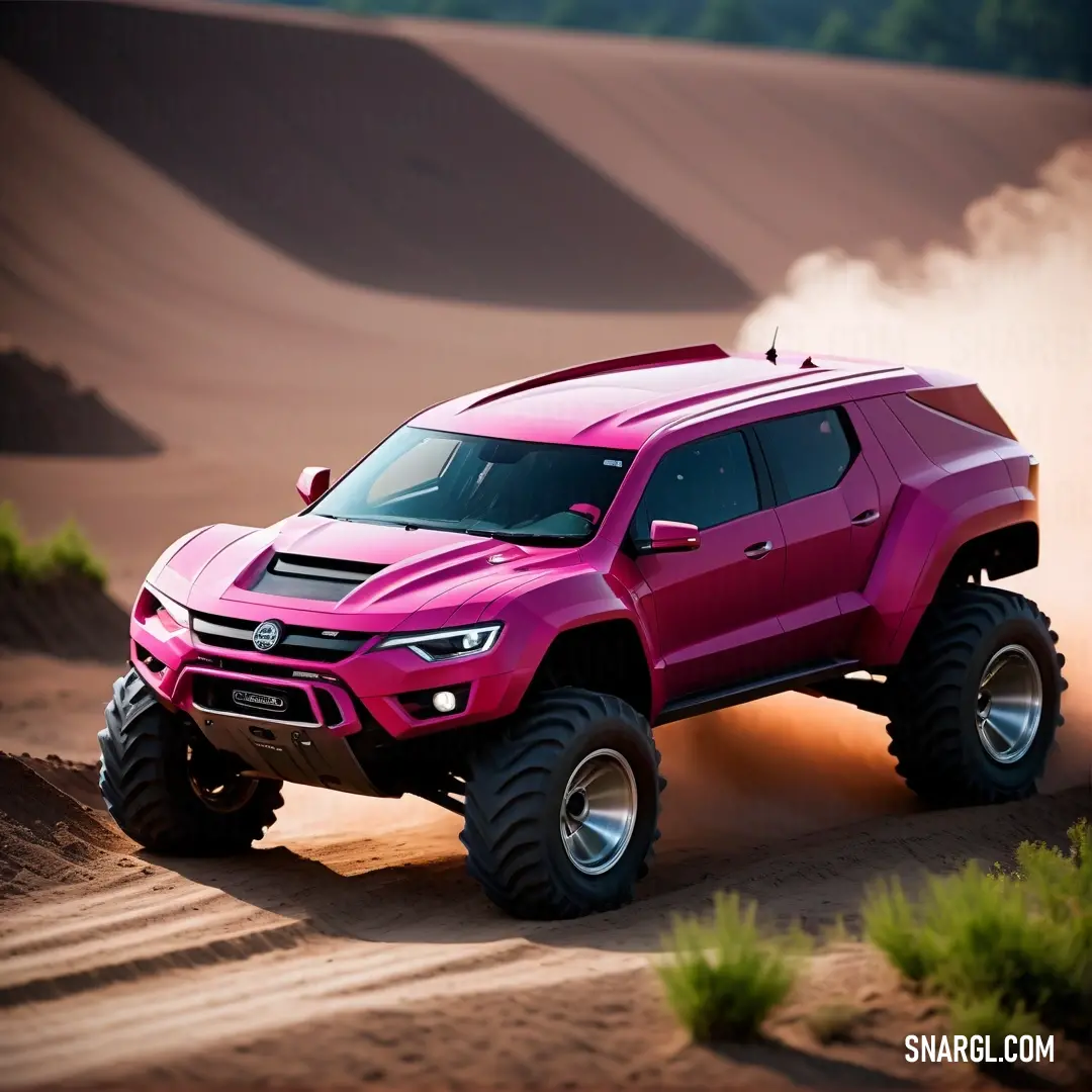 Neon fuchsia color. Pink truck driving through a desert filled with sand dunes and trees in the background
