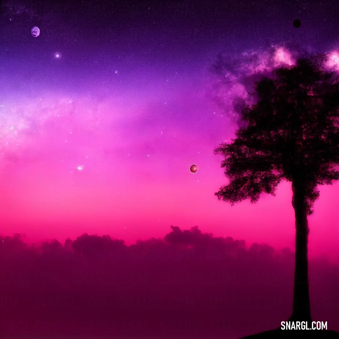 Tree in the middle of a purple sky with planets in the background and a pink sky with stars