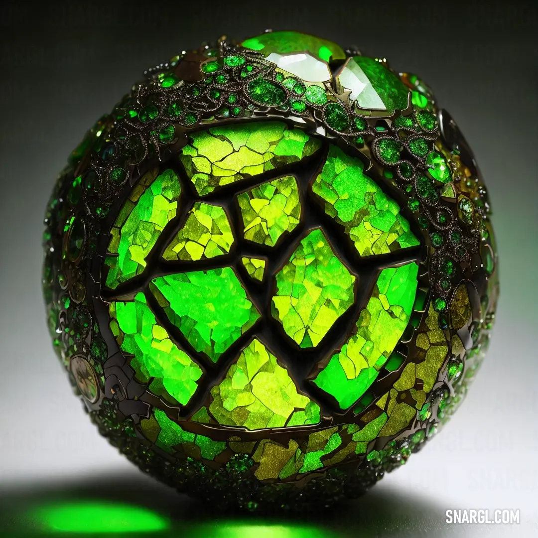 Green glass ball with a pattern on it's surface and a green light shining on it's side