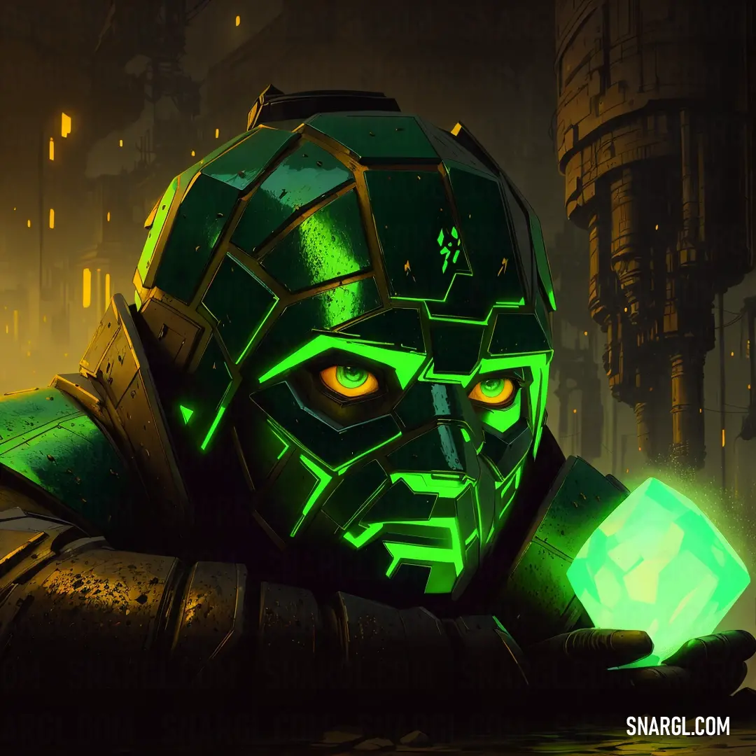 Green man with glowing eyes and a glowing green mask on his face