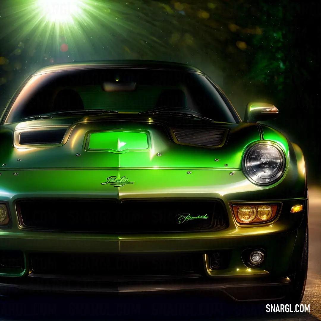 Green sports car with a bright light on top of it's headlight is shown in this image