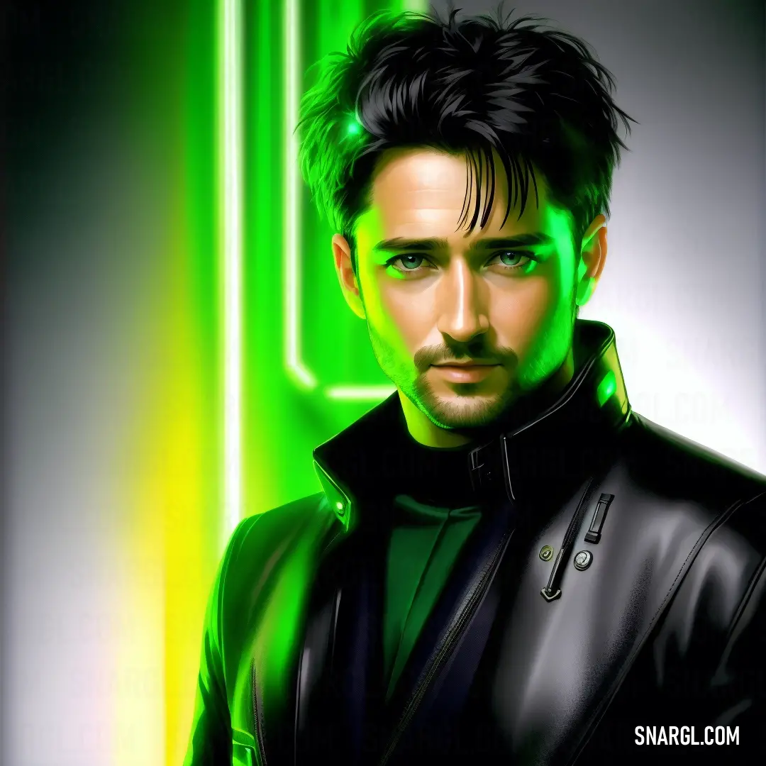 Man in a black leather jacket is looking at the camera with a green light behind him and a neon background