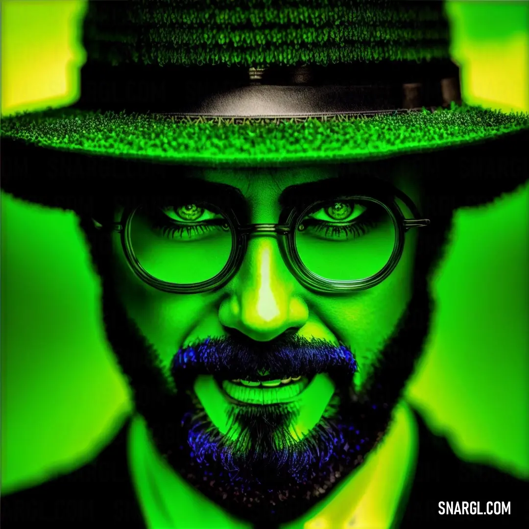 Man with a green hat and glasses on his face and a green background with a black border around his face