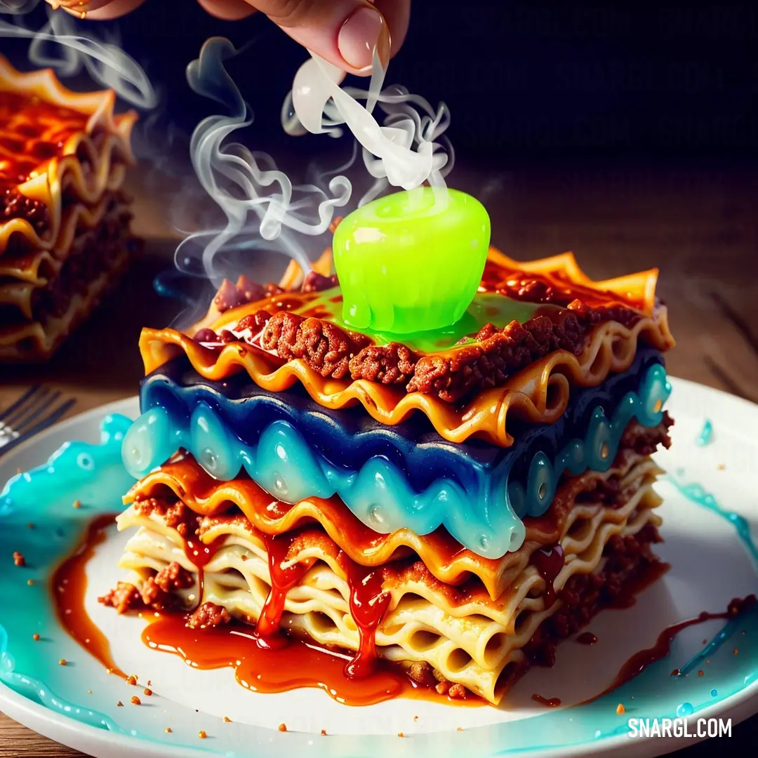 Person is blowing out a green candle on a cake with noodles and sauce on it on a plate