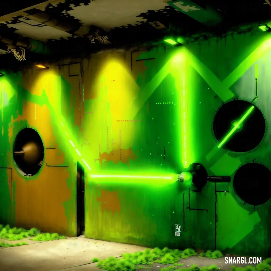 Room with a green wall and a green light coming from the ceiling and a black speaker on the wall