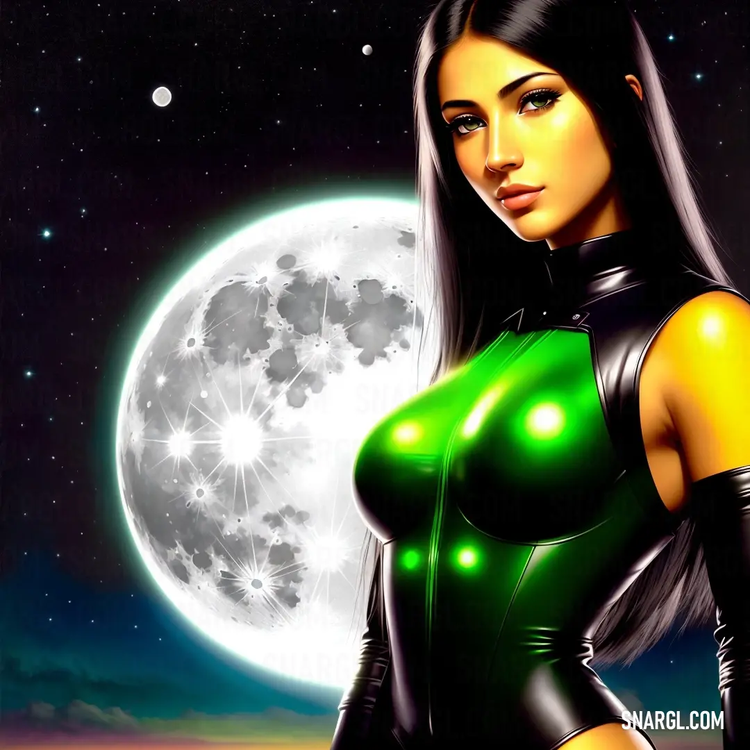 Woman in a green leather outfit standing in front of a full moon