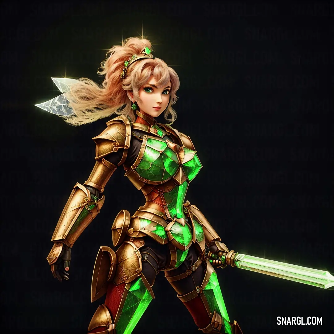 Woman in a green and gold outfit holding a sword and a green light up sword in her hand