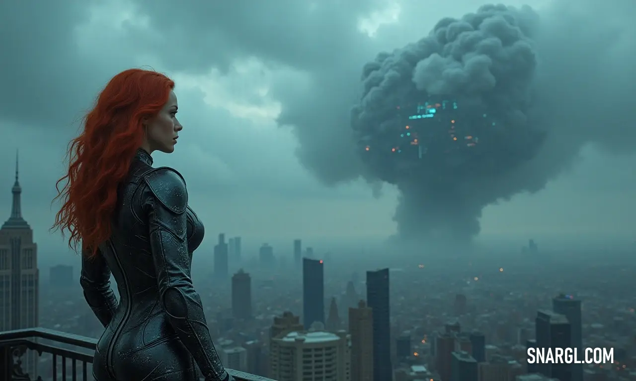 A contemplative woman in a black suit gazes over a vibrant city, where an imposing mushroom shape looms overhead, hinting at futuristic possibilities and the urban landscape's evolution. A woman clad in a sleek black suit stares thoughtfully over a sprawling cityscape, where an enormous mushroom-like structure dominates the sky, suggesting patterns of innovation and mystery.