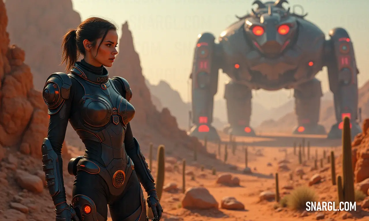 A striking image of a woman in a futuristic suit standing bravely before a giant robot in a vast desert, where desert flora meets cutting-edge technology. In a dynamic desert scene, a woman in a futuristic suit stands before a colossal robot, surrounded by cacti that accentuate both the technological and natural realms in a stunning juxtaposition.