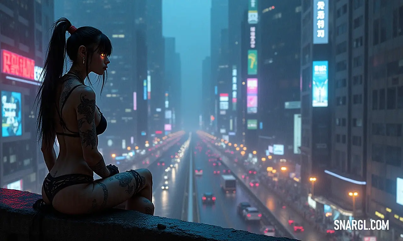 A woman stands confidently on a high ledge, observing the vibrant nightlife below as colorful lights and busy traffic create a dazzling tapestry of urban excitement at night. Perched on a ledge, a woman surveys the neon-filled city below, where shimmering traffic weaves through the night, encapsulating the vibrancy and energy of urban life after dark.