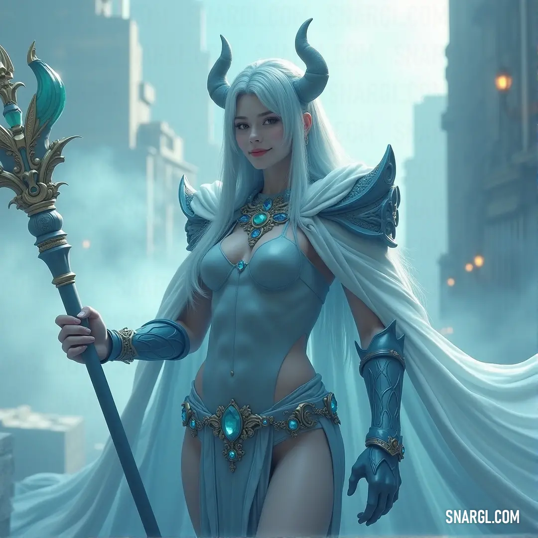 Neptune, in his regal attire, holds a large sword and horned headpiece, his presence commanding the city beneath him. Neptune, the powerful god of the sea, stands tall in a blue outfit, wielding a massive sword and wearing an imposing horned headpiece. Behind him, the city looms, showcasing his dominion over both land and sea.
