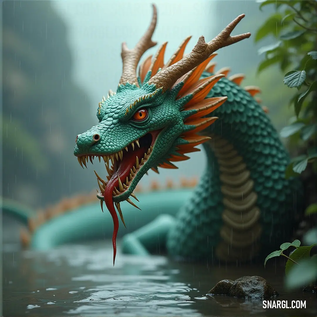 A towering statue of Neptune’s Serpent, adorned with orange spikes and a red beak, stands in a tranquil body of water surrounded by lush trees and bushes.