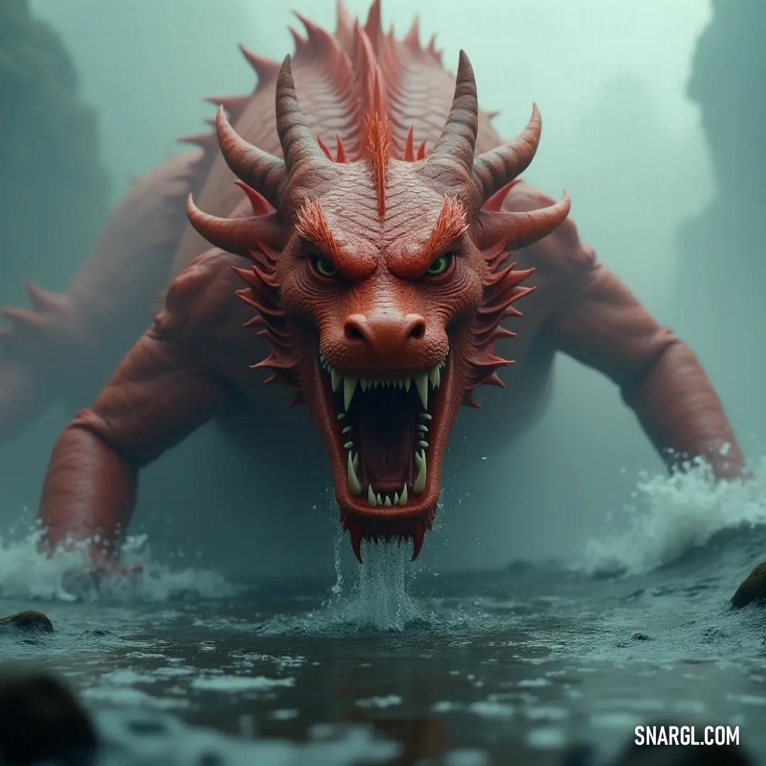 The dynamic Red Neptune's Serpent with its mouth wide open, surrounded by splashing water, embodying power and ferocity in the ocean's depths. A dramatic depiction of the Red Neptune's Serpent with its mighty jaws open wide, creating a dynamic scene of water splashing around its powerful body. This fierce creature commands attention as it showcases its raw energy and dominance within the depths