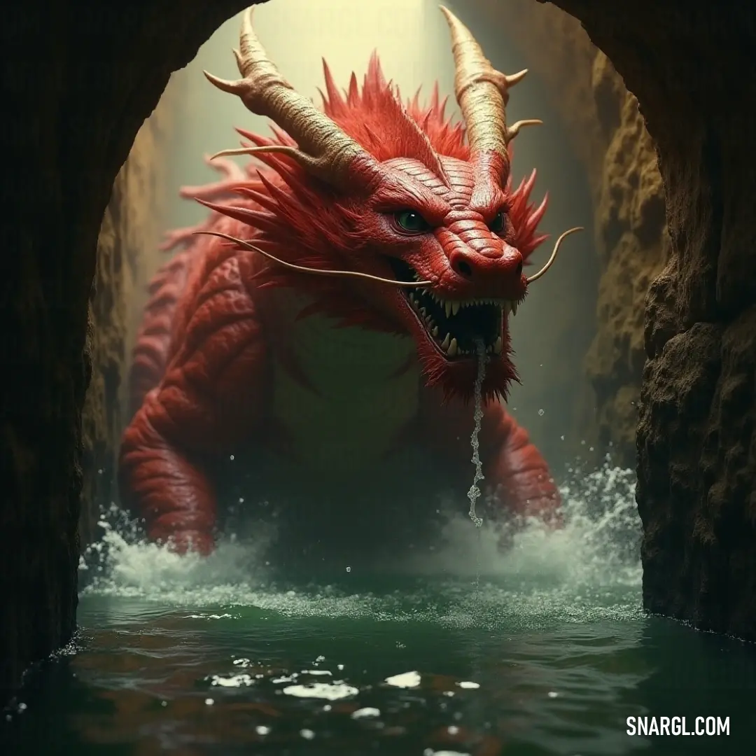 The formidable Red Neptune's Serpent with impressive horns, coiled in a dark cave filled with water and ancient rocks. A fearsome Red Neptune's Serpent with magnificent horns resides within the dark confines of a mysterious cave, surrounded by shimmering water and rugged rocks. This powerful creature exudes a sense of majesty and dominance, making it a guardian of its hid