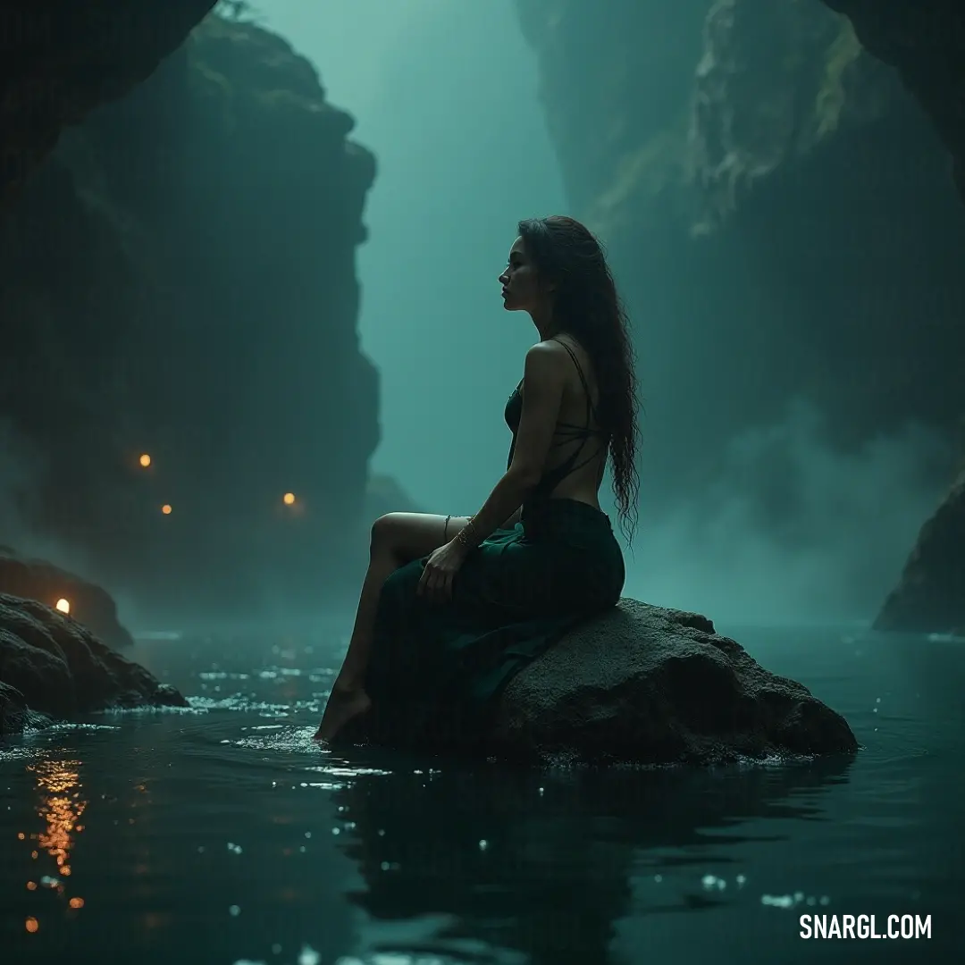 A figure by a river illuminated by a distant light, inviting a sense of mystery. A figure on a rocky riverbank is illuminated by a soft light in the background, evoking a sense of mystery as they connect with nature in a peaceful setting.