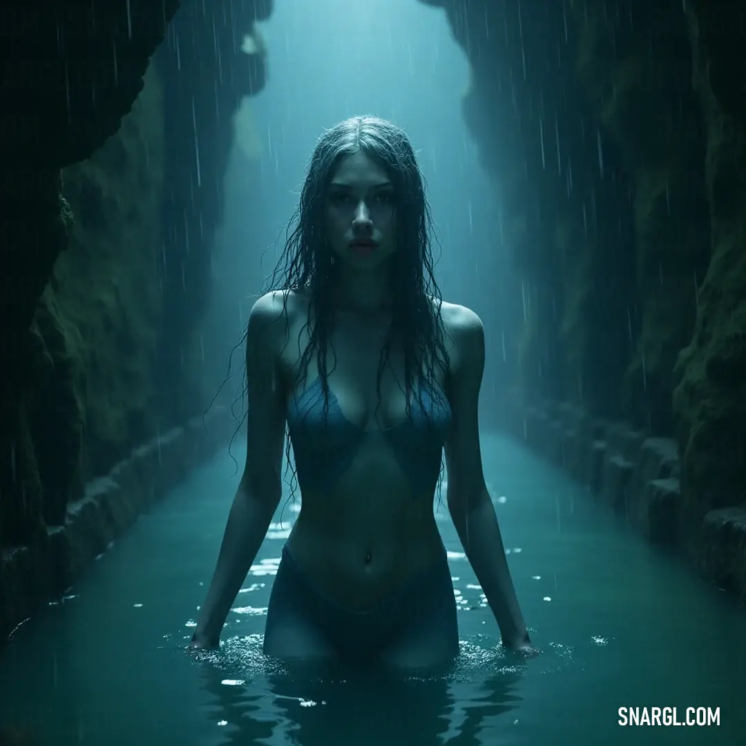 Nereis stands confidently in a tranquil pool, dressed in a stylish bikini, as warm, radiant light illuminates her face. Her playful spirit shines through as she embraces the refreshing water.