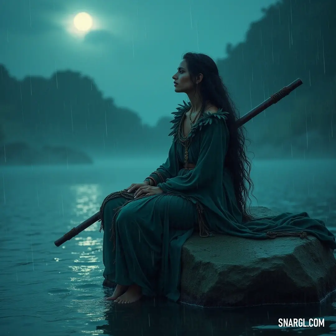 A mystical figure in a green dress holds a staff, standing atop a rock in reflective waters, with a full moon illuminating the breathtaking scene. A mystical figure adorned in a stunning green dress stands confidently on a rock, holding a staff, as the full moon casts a silvery glow over the water, creating an enchanting connection with nature under the celestial sky.
