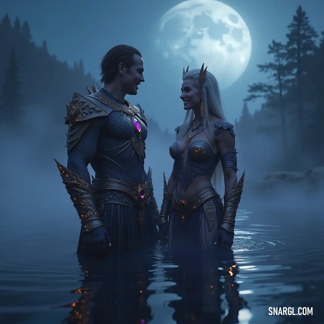 A couple standing in tranquil waters under the glow of a full moon, embraced by a peaceful night. A couple stands serenely in the calm waters, silhouetted by the luminous glow of a full moon above. Surrounding trees create a natural frame, enhancing the romantic ambiance of this serene night scene.