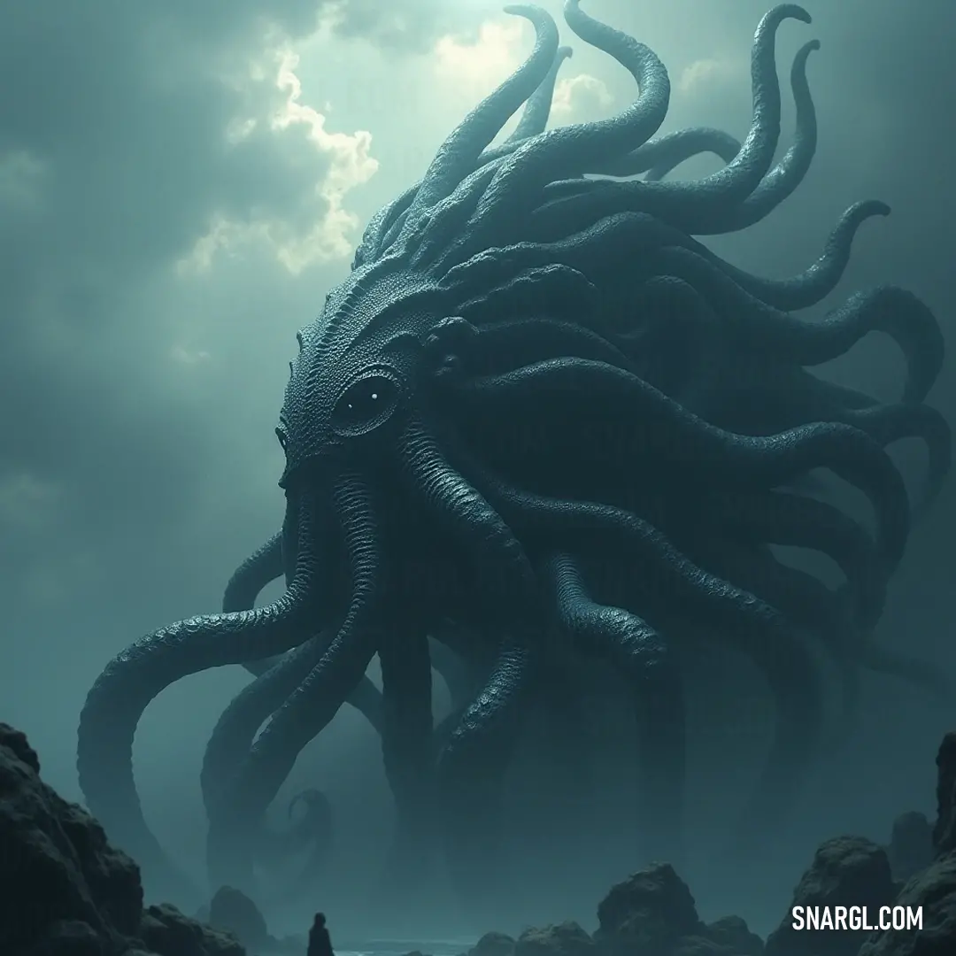 An imposing octopus and a Nereus stand together in the shimmering waters, illustrating the remarkable beauty of marine life and their enchanting underwater world. A mighty octopus looms in the clear water, a Nereus standing proudly beside it, both creatures showcasing the awe-inspiring wonders of marine life and their harmonious coexistence in a captivating underwater scene.