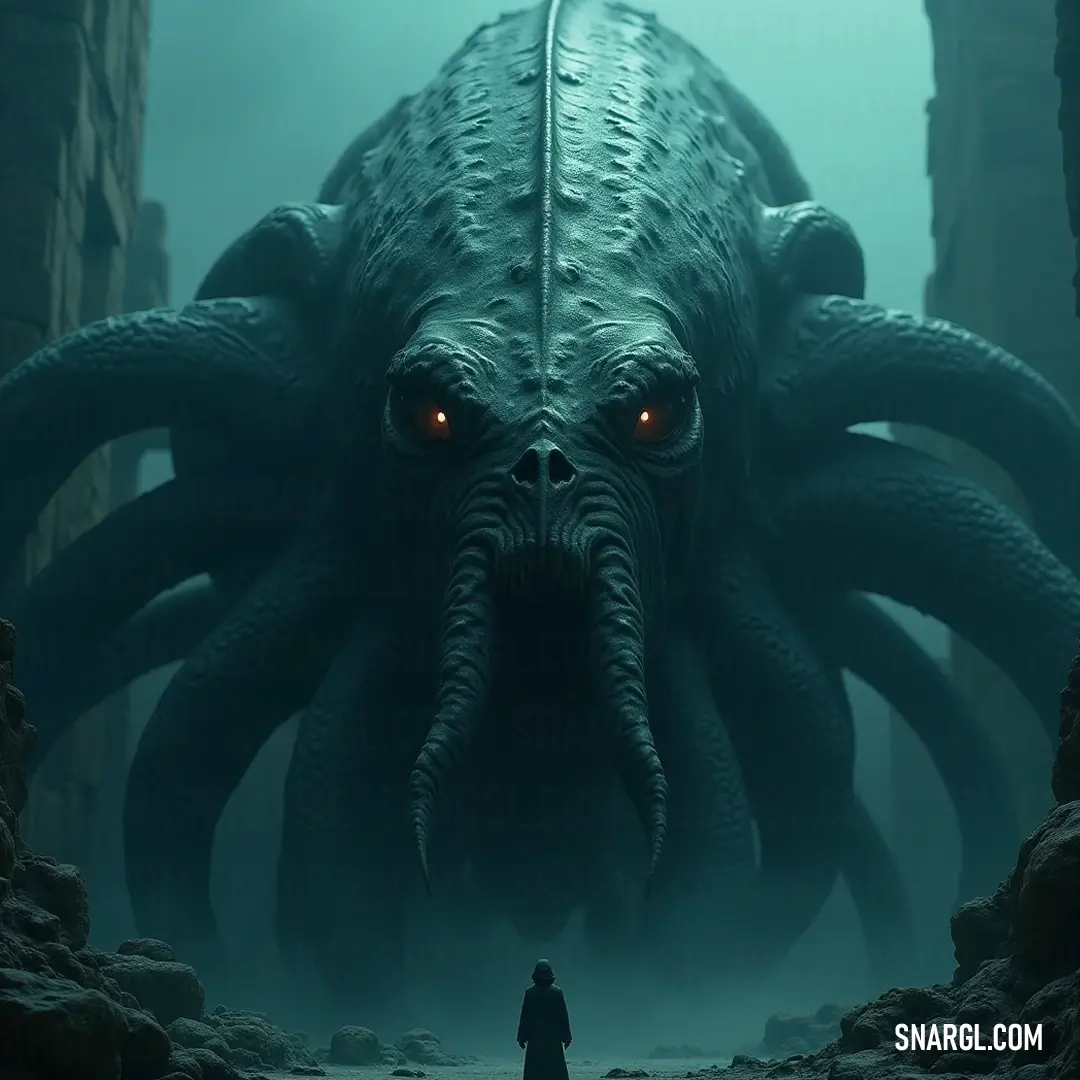 An immense octopus captivates in a shadowy tunnel, accompanied by a curious Nereus, while a gigantic squid lurks in the hazy background, enhancing the enigmatic atmosphere of this aquatic realm. A colossal octopus looms in a dark, eerie tunnel, its massive limbs coiling as a mysterious Nereus stands close by, watching intently. In the background, a giant squid shrouded in shadows adds to the mystique of this underwater scene.