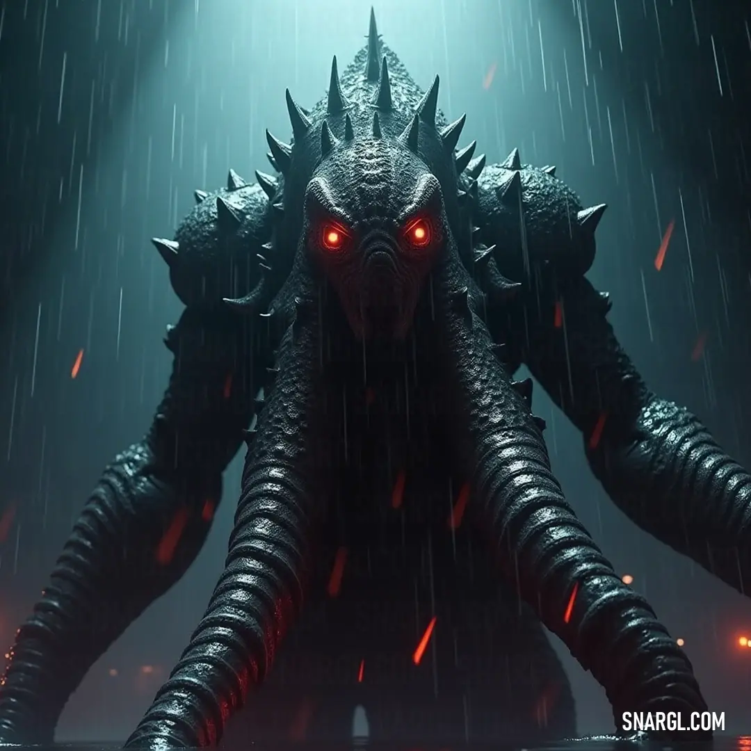 An awe-inspiring figure of Godzilla emerges, its striking red eyes and menacing shape illuminated by a fierce red light, symbolizing power and the primal energy of a creature at the apex of its legend. A formidable Godzilla with fierce red eyes and an imposing black form looms in a dramatic setting, its spiky silhouette sharply outlined against a background of intense crimson light, evoking themes of power and awe.