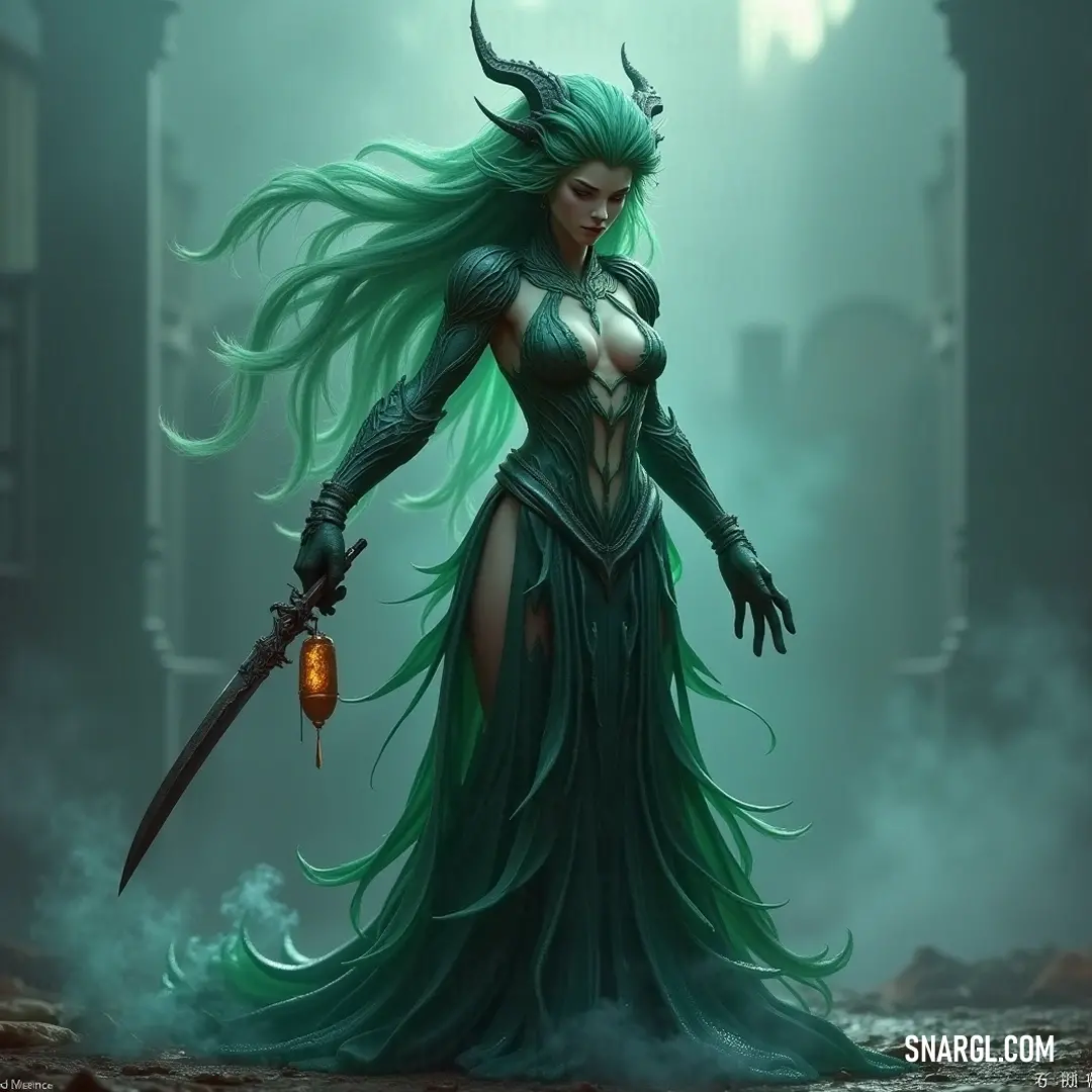 In a fog-draped setting, Nereus wields a gleaming sword with fierce determination, her flowing green dress contrasting against the shadowy buildings behind her, creating a scene that merges bravery with mystique.