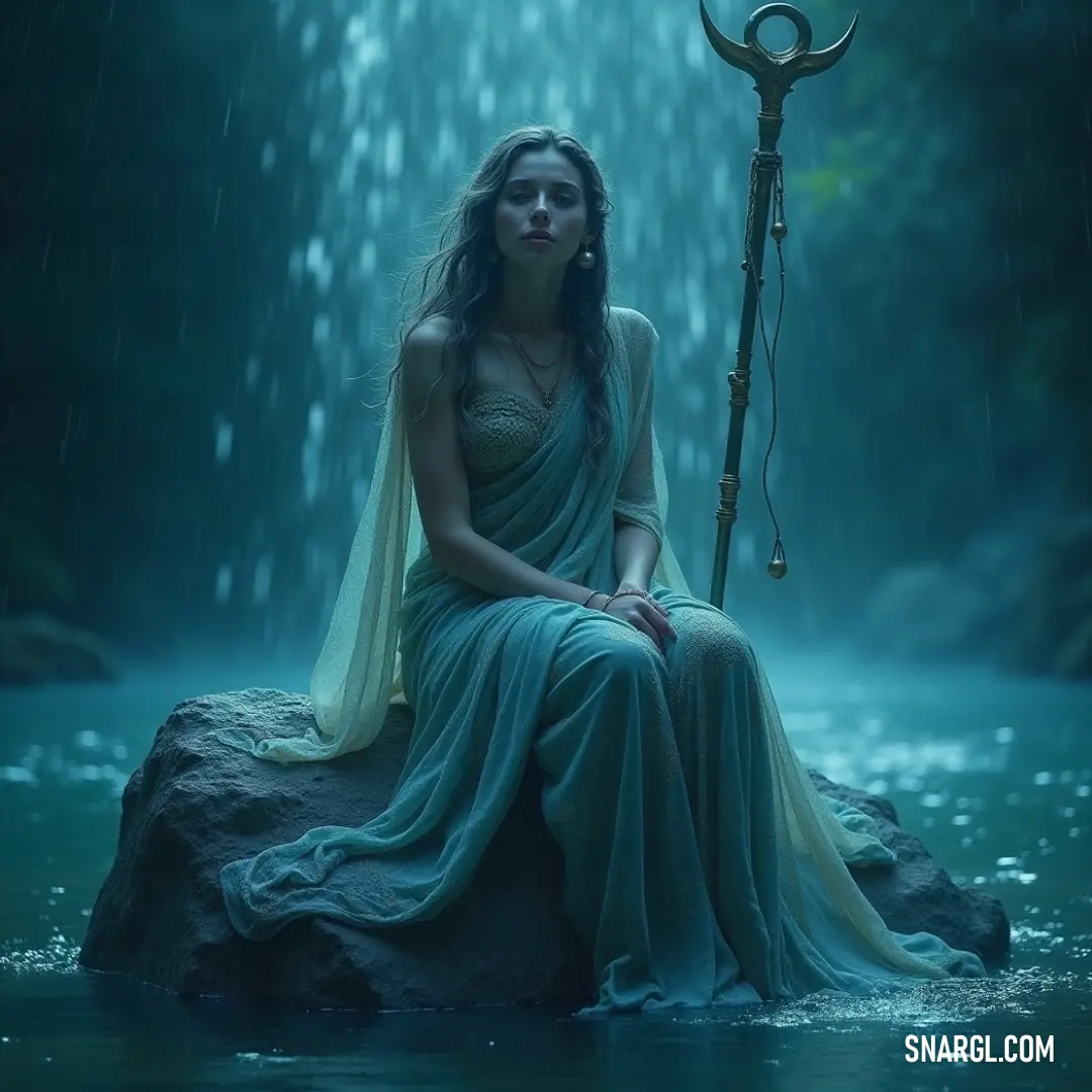 Nereus's Daughter, dressed in blue, embodies magic and resilience on a rock in the water, amidst a captivating rain shower. Nereus's Daughter poses with confidence on a boulder in the water, clad in a flowing blue dress, holding a mystical staff, as a soft rain shower creates a dreamy ambiance.