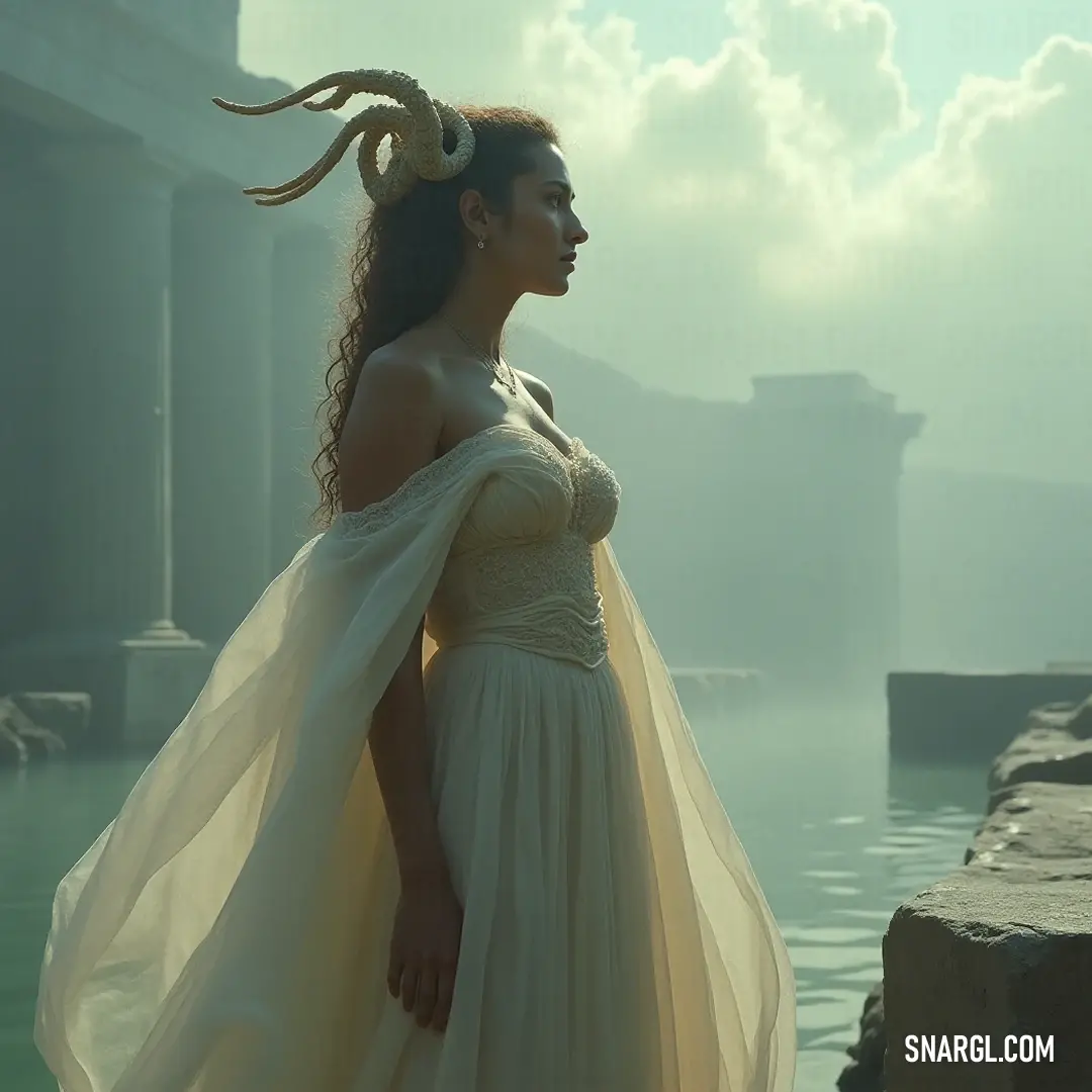 A mesmerizing figure in white stands beside a calm water body, her horned appearance blending seamlessly with the serene beauty of nature surrounding her. A captivating sight, a young woman in a flowing white dress stands gracefully by a tranquil body of water. Her unique horned head adds an intriguing element to the serene landscape.