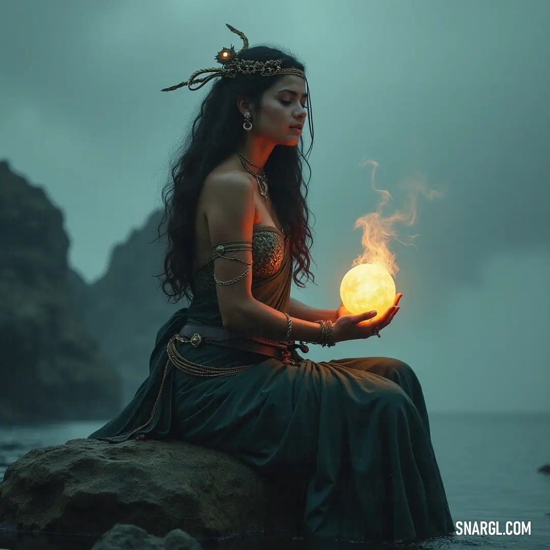 An enchanting vision of a figure adorned in a vibrant green dress, gracefully balancing a fiery orb in her hands while perched on a rock amidst a tranquil water scene.