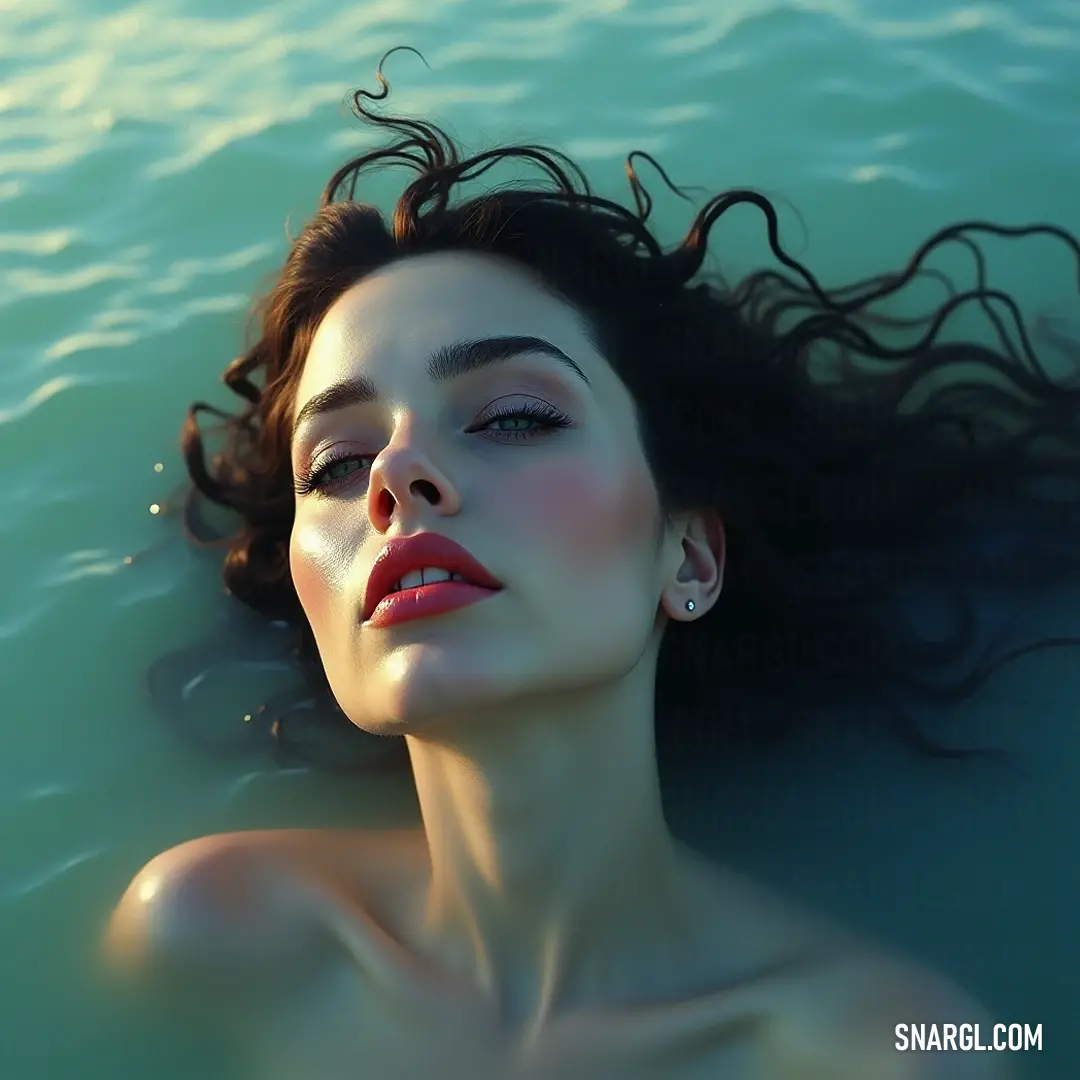 A serene scene unfolds with Nerine lying gracefully in the water, her hair cascading like silk. With her eyes closed, she basks in the tranquility of nature, creating an aura of peace.
