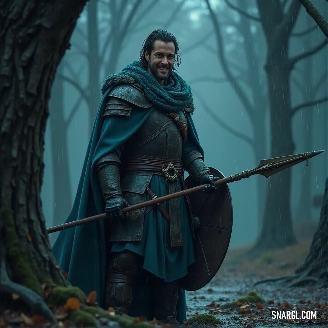 A brave warrior in medieval armor stands ready, his sword and shield at the ready, surrounded by the peaceful yet ominous embrace of the forest. A medieval warrior, clad in armor, holds his sword high and his shield firm as he strides through a dense forest, where the ground is covered in fallen leaves and the trees stand tall, their branches whispering ancient tales.