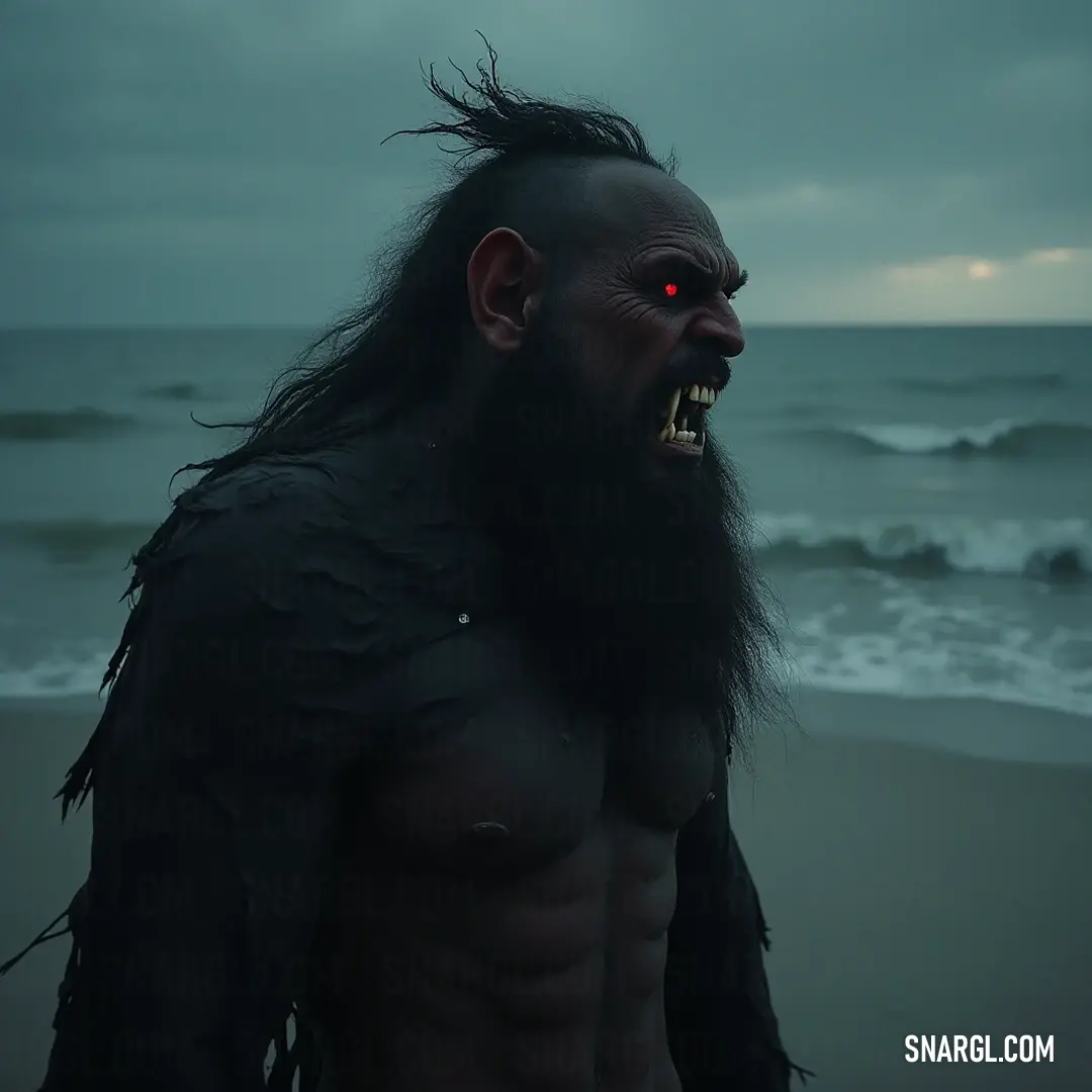 Neron, characterized by his striking beard and demon-like visage, captivates attention as he stands on a windswept beach, with rolling waves crashing in the background, creating a dramatic contrast of beauty and the fierce elements of nature.