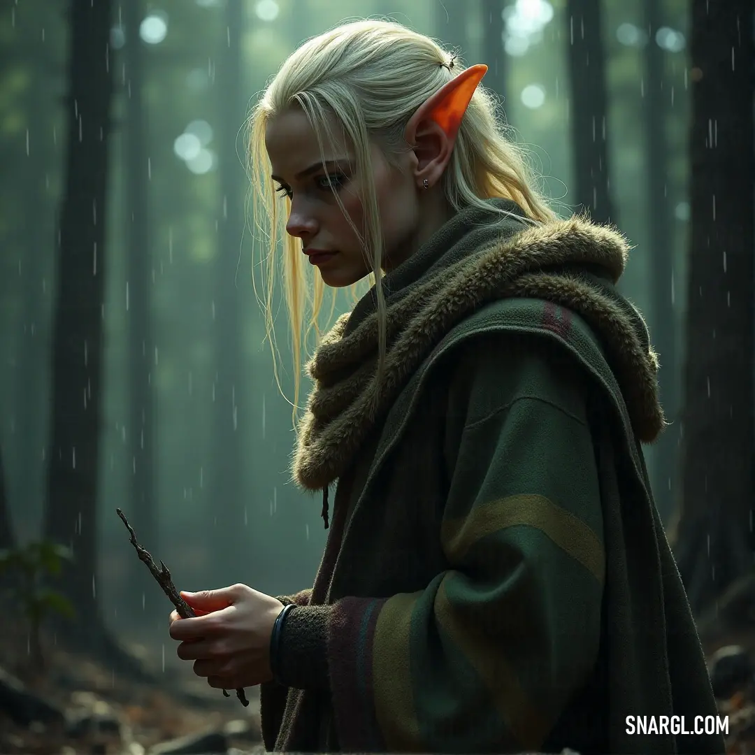 Nerwen in a forest holding a cell phone with a red earring on her head and a green coat on her shoulders