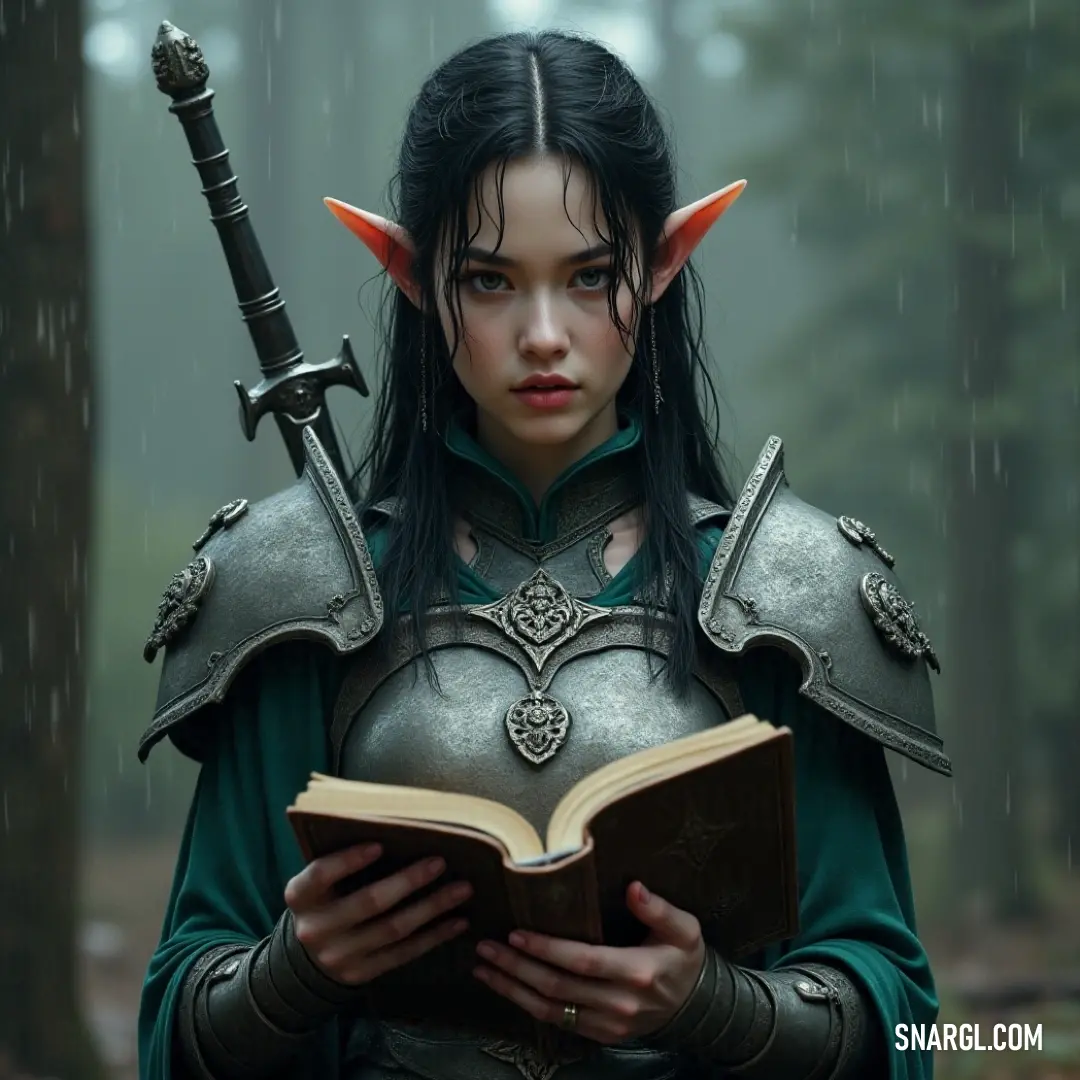 In an enchanting scene, a warrior graced in green stands at the intersection of lore and power, embodying the wisdom of ages while poised for action with a sword gleaming in sunlight. With an ancient tome clasped in one hand and a sword in the other, a noble figure in a flowing green dress captures the essence of knowledge and bravery. Her horned headdress adds an air of majestic mystery to her presence.