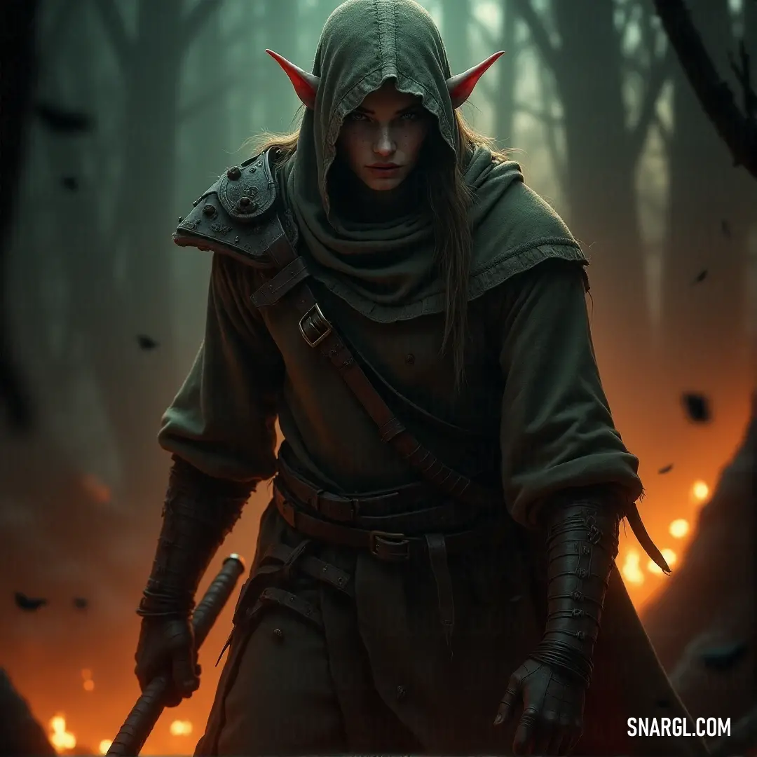 Nerwen in a hooded outfit holding a sword in a forest with flames in the background