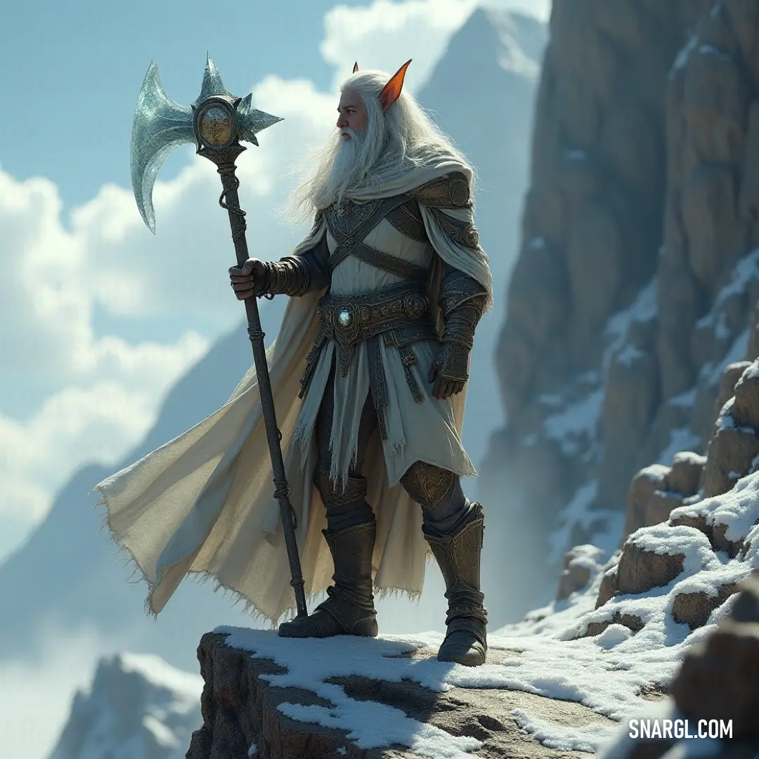 Standing triumphantly on a snowy mountain peak, an elfin figure adorned with a horned headdress and luminous white hair grips her staff, embodying strength and serenity amid nature's harsh beauty.