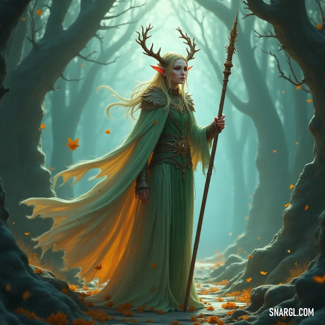 In an enchanting forest, Nessa stands gracefully with her staff, her attire harmonizing with the vibrant surroundings, while the golden leaves blanket the soft ground beneath her feet. Amidst a serene forest, Nessa commands attention, elegantly dressed in green, holding her staff with poise amid a carpet of fallen leaves and towering trees, echoing nature's harmony.