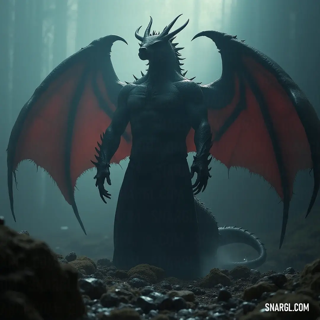 A powerful demonic nether basilisk displays its impressive wings and fierce demeanor in a vibrant forest setting, surrounded by an array of towering trees and rugged rocks. A fierce demonic nether basilisk with large, majestic wings is poised amidst a lush forest, the backdrop of towering rocks and trees enhancing its formidable presence and unearthly elegance.